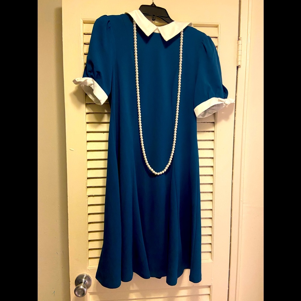Elegant Cocktail Dress - Cerulean with Pearly white collars and pearl necklace